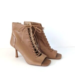 Vince Camuto tan leather open toe lace up heels boots. Size 9.5